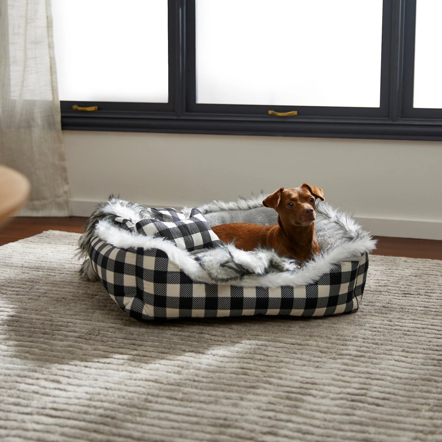 Frisco Buffalo Check Cuddler Pet Bed & Gift Set, Black & White 1 Frisco Buffalo Check Cuddler Pet Bed & Gift Set, Black & White