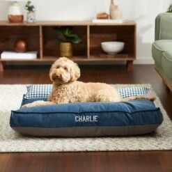 Frisco Personalized Navy Bolstered Bed With Navy Check Bolster, X-Large