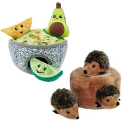 Frisco Guacamole Hide & Seek Puzzle Plush Squeaky Dog Toy & ZippyPaws Burrow Squeaky Hide & Seek Plush Dog Toy, Hedgehog Den